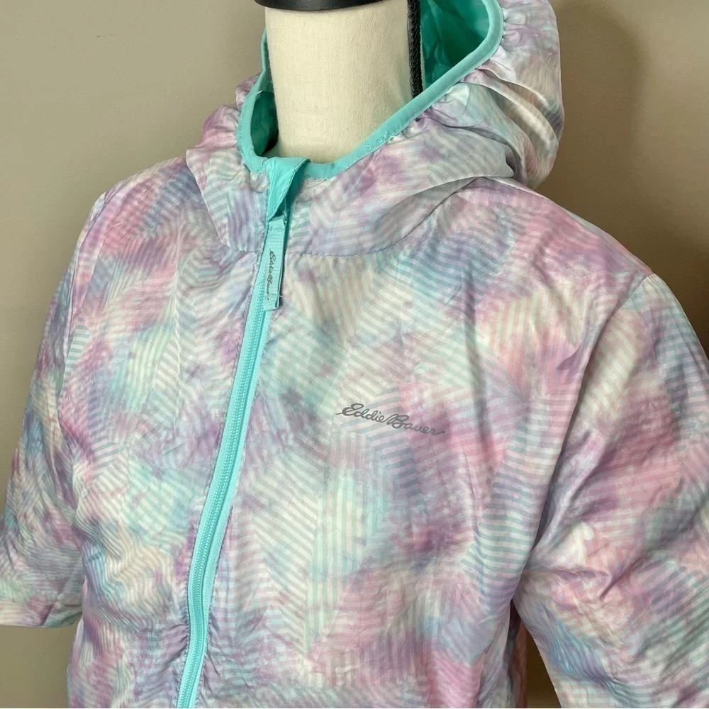 Eddie Bauer Girls Reversible Teal Blue Purple Down Puffer Jacket Extra Large 16